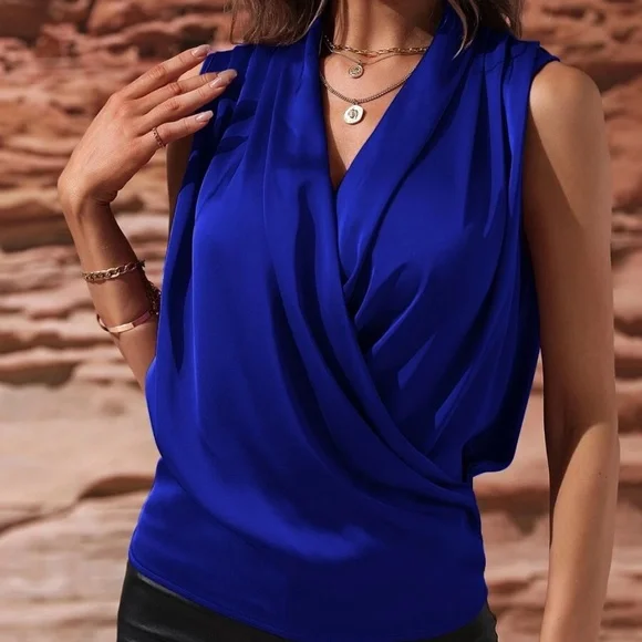 Luxe Satin Overlap Sleeveless Work Office Top - Picture 13 of 16